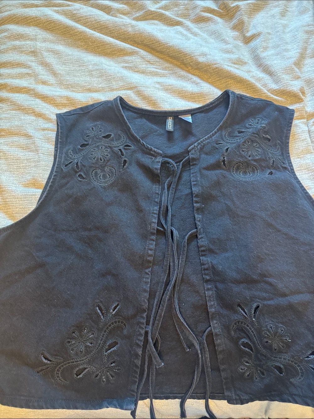 H&M Black Sleeveless Embroidered Tie-Front Tunic